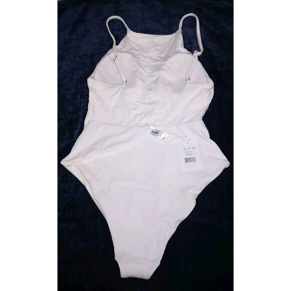 Andie Swim Coco White Ribbed Rib Asbury High Neck One Piece Swimsuit Size L NWT - Picture 5 of 10